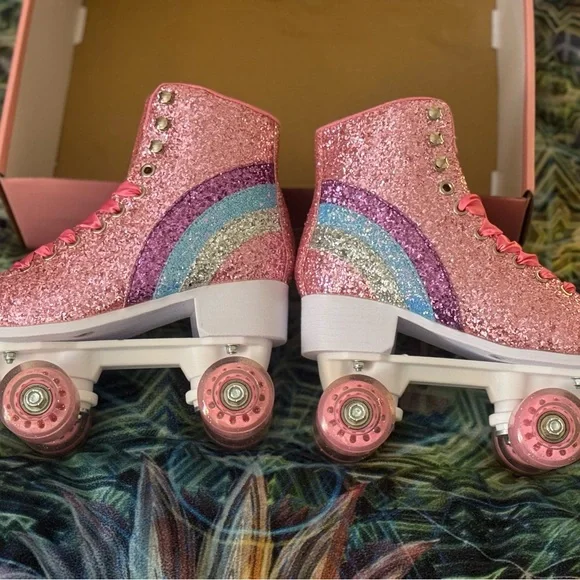Sugar Thrillz LIMITED EDITION Pink Glitter Rainbow Roller Skates - Picture 1 of 10
